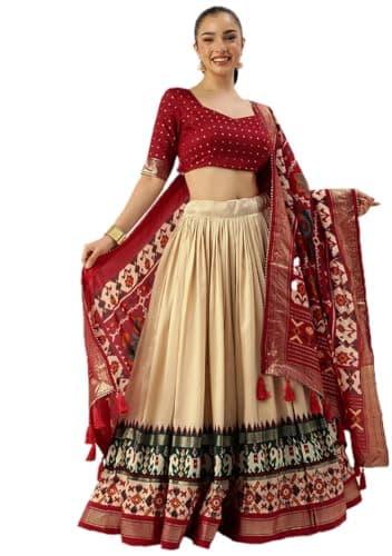 Indya Off White Foil Work Patola Printed Lehenga Choli Set | Perfect for Festive Wear | Half Sleeve | Sweetheart Neck