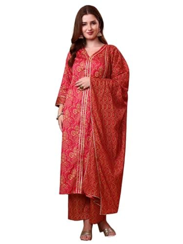 Tissu Women's Cotton Satin Pink Abstract Printed Kurta & Trouser Pant with Dupatta (798_Pink_5XL)