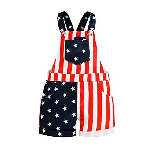 Ayalinggo 4th Fourth of July Baby Girl Boy Outfit American Flag Print Overalls Shorts Pocket Suspender Romper Clothes (Stars and Stripes Pirnt, 2-3 Years)