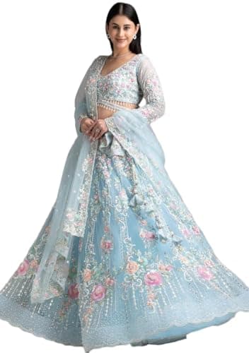 Indya Multicolor Embroidery Silk Blend Lehenga Set – Zari Work for Wedding | Long Sleeve | V-Neck | Indian Ethnic Wear
