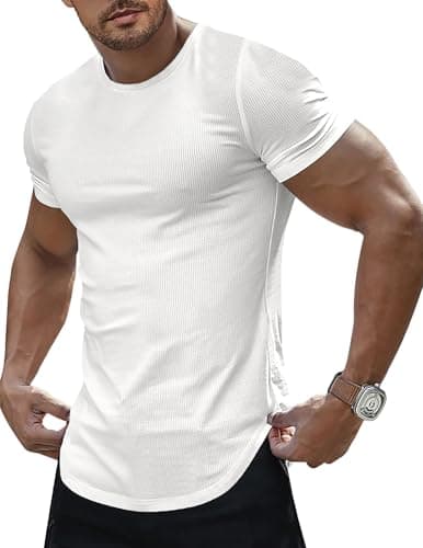 JMIERR Mens Short Sleeve White T Shirt Muscle Slim Fitted Crewneck Longline Tees Shirts for Gym Workout, US 40(M)