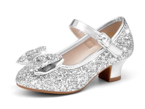 Haloumoning Girls Dress Shoes Mary Jane Heels Flower Girl Shoes Bow Glitter Princess Wedding Party Pump Shoes