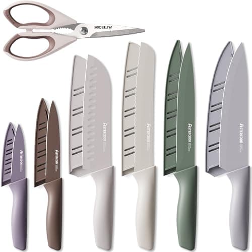 Astercook Knife Set, 13 Pieces Kitchen Knives Set with Healthy Anti-Rust Coating, Dishwasher Safe, Stainless Steel Chef Knife Sets with 6 Blade Guards, Perfect Mothers Day Gifts for Kitchen Morandi
