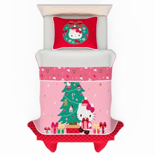 Sanrio Hello Kitty Holiday & Christmas 2 Piece Quilt & Pillow Sham Set, Twin Size 68" x 86", (Officially Licensed Product) By Franco