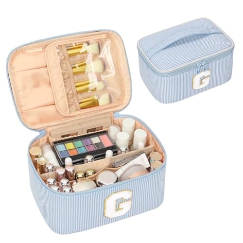 OCHEAL Makeup Bag for Women, Monogram Cosmetic Bag Blue Travel Makeup Case Beauty Toiletry Bag Organizer Personalized Gifts for Girls Bridesmaid, Sister, Wife, Friends Initial G
