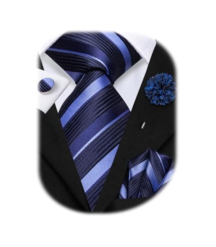 Hi-Tie Mens Navy Blue Striped Ties Set Silk Necktie and Lapel Pin for Men Pocket Square Cufflinks Set Business Wedding