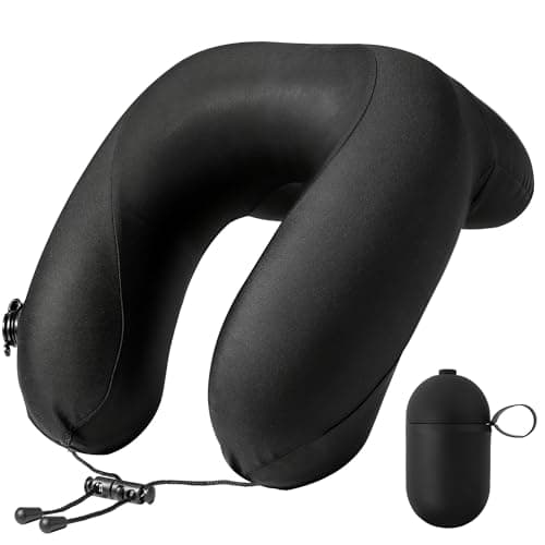 Instaywell Inflatable Travel Neck Pillow for Airplane with Adjustable 360° Head & Neck Support, 2-in-1 Air Pump and Storage Bag, Soft Removable Washable Cover for Airplane, Train, Office (1, Black)