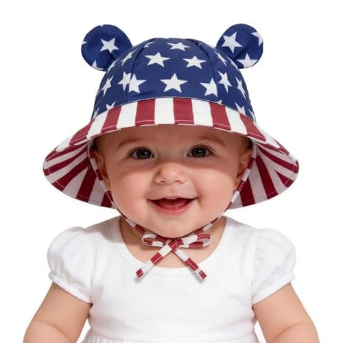 Durio 4th of July Infant Baby Sun Hat for Boys Girls, Patriotic USA Flag Newborn Bucket Hat with Bear Ears, Wide Brim Summer Beach Hat with Chin Strap, American Flag 0-6 Months