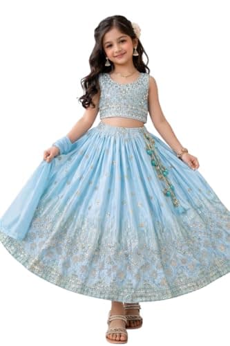 LUVAQ Kids Hevy Chinon sillk Festival Embroidery Fancy Latkan Dore Lehenga Choli With Dupatta Set For Girls (Sky, 10-11 Years)