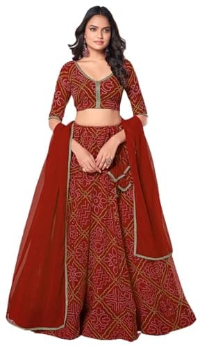 STELLACOUTURE Ready to Wear Lehenga Choli Set for Women, Bandhani Designer Indian Wedding Navratri Party 330-O (Red, 42)