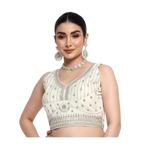 HSD Women's Readymade Sleeveless Embroidered Saree Blouse Indian Ethnic Wedding Party Wear Choli Crop Top Sari top White L