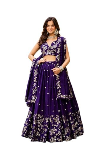 FABRETO Women's Designer Purple Embroidered Lehenga Choli with Dupatta, Wedding & Party Wear Ethnic Set, Ready to Wear (Royal Purple, MEDIUM-38)