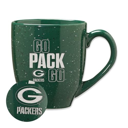 Rico Industries NFL Football Green Bay Packers Go Pack Go 16 oz Team Color Laser Engraved Speckled Ceramic Coffee Mug