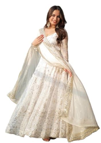 Indya White Embroidered Georgette Anarkali Set – Sweetheart Neck for Wedding | Long Sleeve | Indian Ethnic Wear