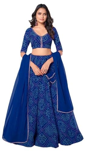 STELLACOUTURE Ready to Wear Lehenga Choli Set for Women, Bandhani Designer Indian Wedding Navratri Party 330-O (Blue, 42)
