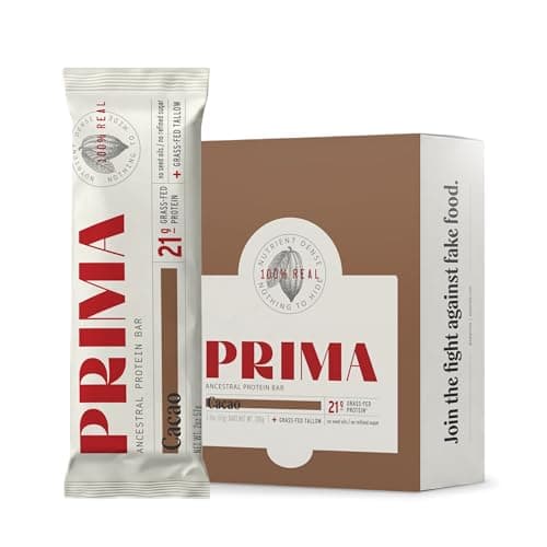Prima Ancestral Protein Bar | 21g Grass Fed Whey + Collagen | Beef Tallow, Raw Honey | Seed Oil Free | Cacao - 7 Pack