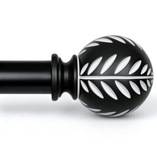 BRIOFOX Black Boho Wood Curtain Rods for Windows 28 to 48 Inch - 1 inch Diameter Heavy Duty Curtain Rods with Imitation Wood Grain Leaf Pattern Finials,Adjustable Decorative Curtain Rods Sets,28-58''