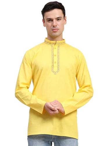 SKAVIJ Mens Cotton Henley Shirts Casual Band Collar Kurta Long Sleeve Embroidered T-Shirt (Small, Yellow)