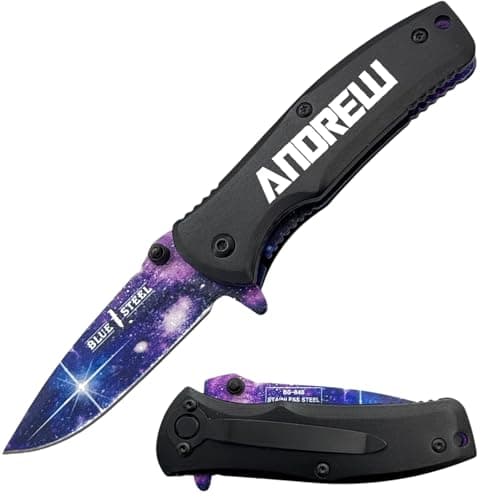 GIFTS INFINITY / Blue Steel Titanium Coated Stainless Steel Quality Pocket Knife Free Engraving (848) (Galaxy)