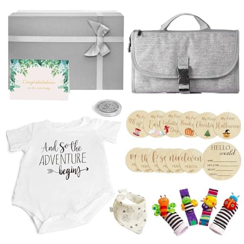 Baby Shower Gifts - Baby Gift Basket Baby Wrist Rattle Socks Portable Diaper Changing Pad Baby Essentials - Gender Reveal Gifts