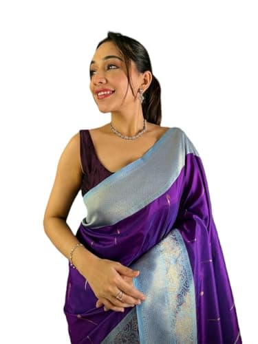 Women's Gold_Zari Soft Silk_Paithani Saree With Unstitched Blouse Piece Partywear/Wedding indian Valentine Gift Item Pack Of 1 (Purple)