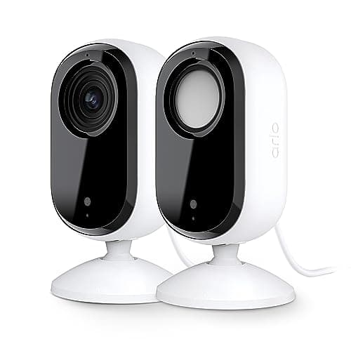 Arlo Essential Indoor Security Camera 2K (2nd Gen, 2023 Release) - Wired Plug-in Power, Person Recognition, Animal Detection, 1-Month Trial of Secure Plan, Automated Privacy Shield, 2 Cam, White