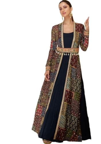 Indya Blue Printed Georgette Anarkali Set for Festive | Long Sleeve | Scoop Neck | Salwar Kameez | Kurta Set