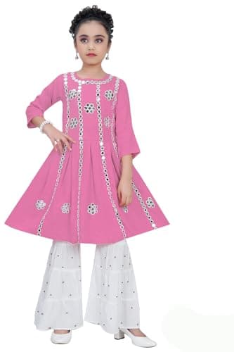 CLOTH ADDA Indian Ethnic Kids Girls Kurta Plazzao/Sharara Dress Set, Slim Fit, Cotton Fabric, Size 8 Years to 11 Years