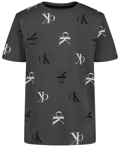 Calvin Klein Boys' Short Sleeve Fashion Print Crew Neck T-Shirt, Comfortable, Relaxed Fit, Angled CK AOP Iron Gate, 8