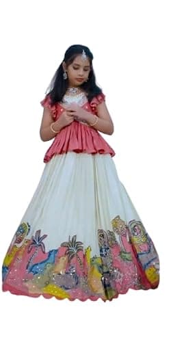 Designer Lehenga Choli Set, Traditional Indian Two-Piece Dress with Embellished Pink and White, Cotton Party Wear (White-pink, 11 Year)