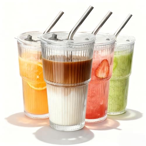4 Packs Ribbed Glass Tumbler with Lid and Straw 16 oz Vintage Ice Coffee Cup Set Bulk Simple Modern for Smoothie Juice Matcha Tea Water Slushie Home Clear Hot Drink Glasses Boba Kitchen Glassware