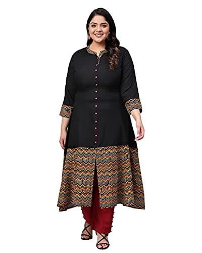 Yash Gallery Women's Rayon & Cotton Cambric Zig-Zag Print A-Line Kurta (3XL, Black.)