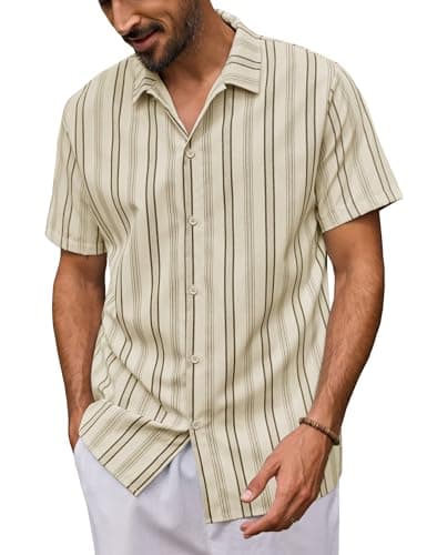 URRU Men’s Summer Striped Shirts Button Up Short Sleeve Beach Hawaiian Untucked Dress Shirt, Khaki, X-Large