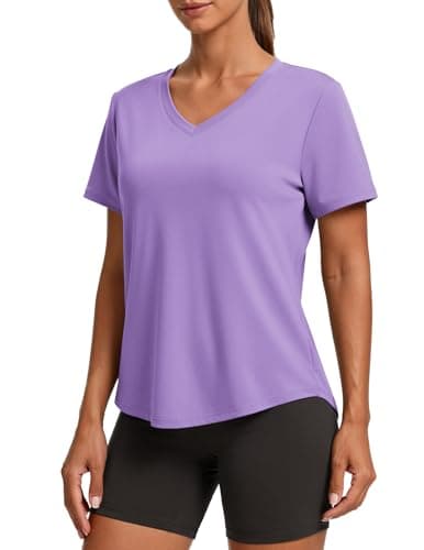 PINSPARK Hiking Shirts for Women UPF 50 Sun Protection Short Sleeve V Neck Moisture Wicking Quick Dry Outdoor Athletic Tops,Lavender Large