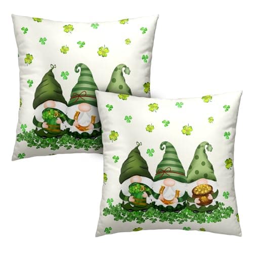 Kwlegh St Patricks Day Pillow Covers 18x18 Set of 2 Green Clover Shamrocks Throw Pillow Covers Lucky Gnomes Pillow Cases for Couch Sofa Spring March Holiday Home Decor