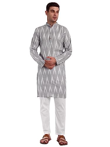 SKAVIJ Men's Pure Cotton Printed Kurta Pajama Set Ikat Design Casual Ethnic Dress (KP118grey_Grey_S)