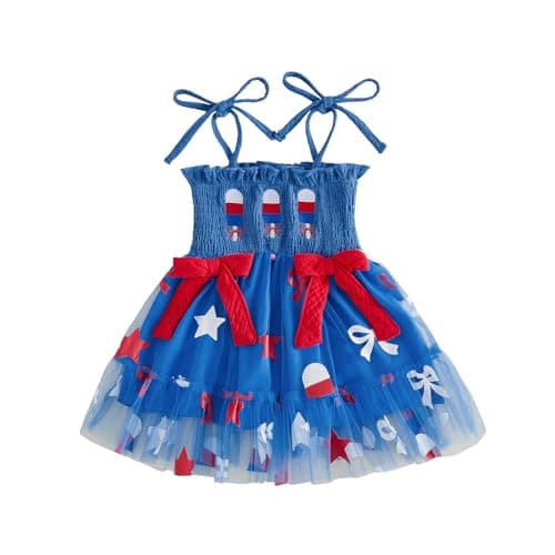 4th of July Toddler Baby Girl Outfit USA Dress Bowknot Halter Fouth of July Dresses Girls 4th of July Clothes (Ice Cream Blue, 2-3 Years)