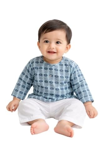 The Root & Craft Baby 2-Piece Outfit Set, Floral Printed Long Sleeve Shirt Kurta with White Pants (3-6 Month)