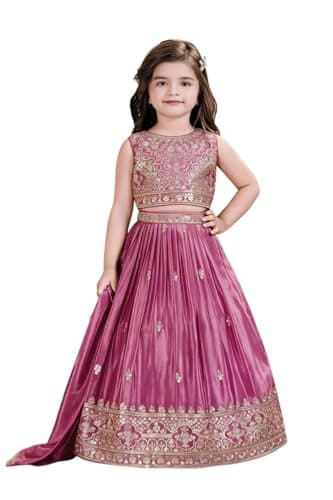 Krinza Girls' Lehenga Choli Set, Pink Silk, Embroidered Crop Top with Flared Skirt and Dupatta, Festive Indian Ethnic Wear (PINK, 13-YEAR)