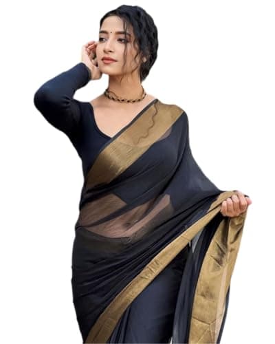 BE4ME.COM Trendy Ready to wear saree one min ready sari Pre draped pre-stitched saree with Unstitched Blouse (Black)