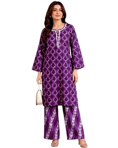 ZAREEVA Women’s Kurta Set with Printed Design & Straight Pants | Ethnic Wear for Office, Casual & Daily Wear (US, Alpha, 3X-Large, Regular, Regular, Purple)