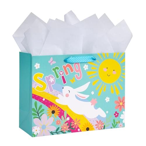 LeZakaa 13" Spring Easter Gift Bag with Tissue Paper, Cute Bunny Rainbow & Flowers Design, Medium Gift Bag for Kids Girls Boys Spring Party, Holiday Gift Giving, 13" x 10" x 5", 1 Pcs
