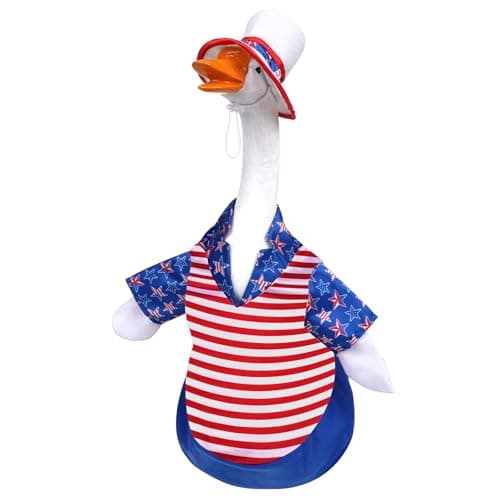Yymobt 4th of July Porch Goose Outfit for 23 Inch Lawn Cement or Plastic Goose Statue Clothes Patriotic Costume with Shirt Hat for Anniversary Independence Day Outdoor Patio Garden Holiday Decoration