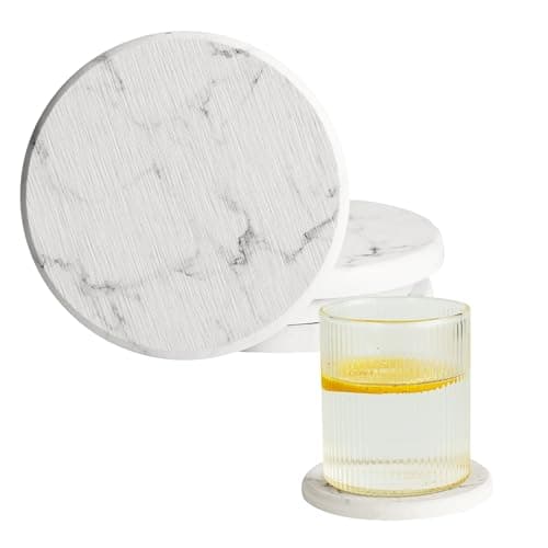 Nookawoo Stone Coasters for Drinks, Set of 4 (Dia. 4 in), Quick Absorbent Diatomaceous Earth Coaster with Aesthetic Marble Pattern, Desk & Coffee Table Decor, House Warming Gifts New Home - White