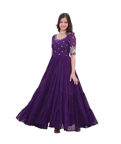 FOXDX Womens Sequence with Thread Embroidery Georgette Maxi Dress Ethnic Wear Comfortable Round Neck Gown (US, Alpha, X-Large, Regular, Regular, Purple)