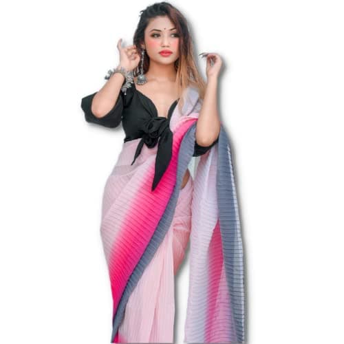 Sidhidata Women's Full Crushed/Pleated Georgette Saree With Unstitched Blouse Piece(padding Pink_Pink_Free Size)