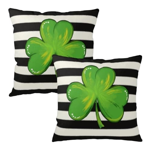 Wnoesat St Patricks Day Throw Pillow Covers 18x18 Set of 2 Black White Striped Green Shamrock Clover Pillow Covers Holiday Spring St Patricks Decorative Pillow Cases for Bed Couch Sofa