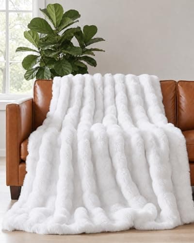 White Throw Blanket - Fluffy Throw Bubble Blanket Twin Size - Extra Thick Rabbit Faux Fur for Couch, Sofa, Chair or Bed - All Season, Ultra-Soft, Plush, Fuzzy & Cozy for Men, Women & Teens - 60" x 80"