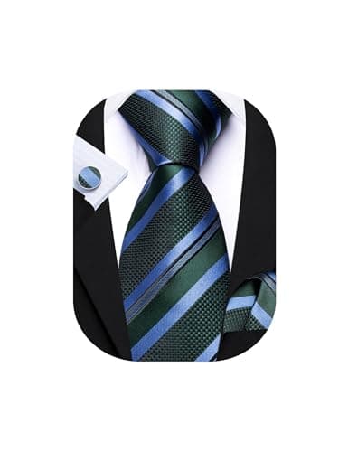 Barry.Wang Green Blue Tie for Men Striped Silk Necktie Pocket Square Cufflinks Set Formal Wedding Party Business