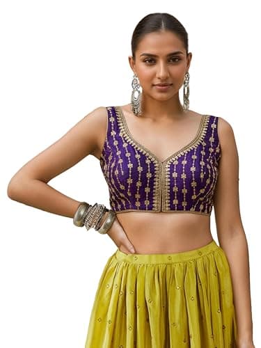 TRENDMALLS Women's Dhupion Silk Embroidery Sequence Work Blouse Choli Stylish Saree Blouse Ready to Wear (B12-Violet-Free)